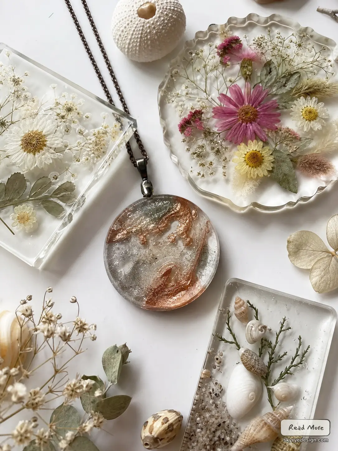 Handmade resin pendant necklace with metallic swirl, surrounded by pressed flower coasters and seashell resin trays