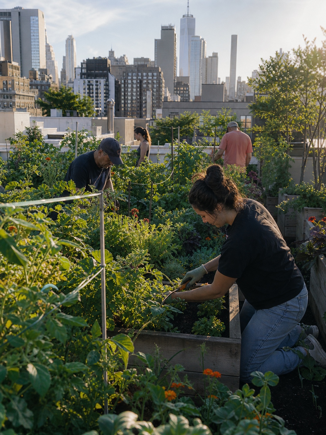 Rooftop garden residential building Residents tending raised planters in a rooftop community garden with a dense city skyline behind them. | Sky Rye Design Residents tending raised planters in a rooftop community garden with a dense city skyline behind them.