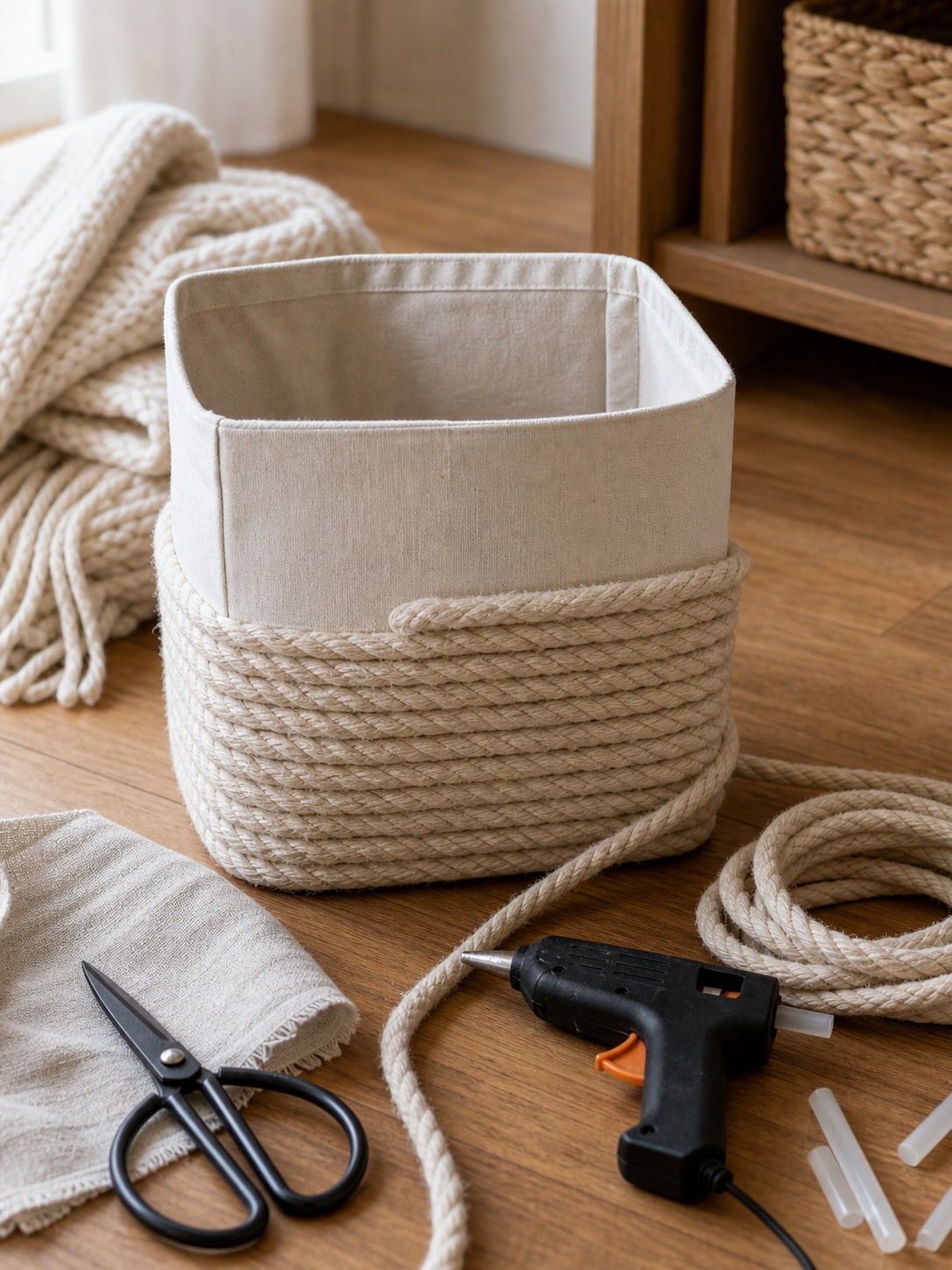 Rope-wrapped storage basket craft in progress