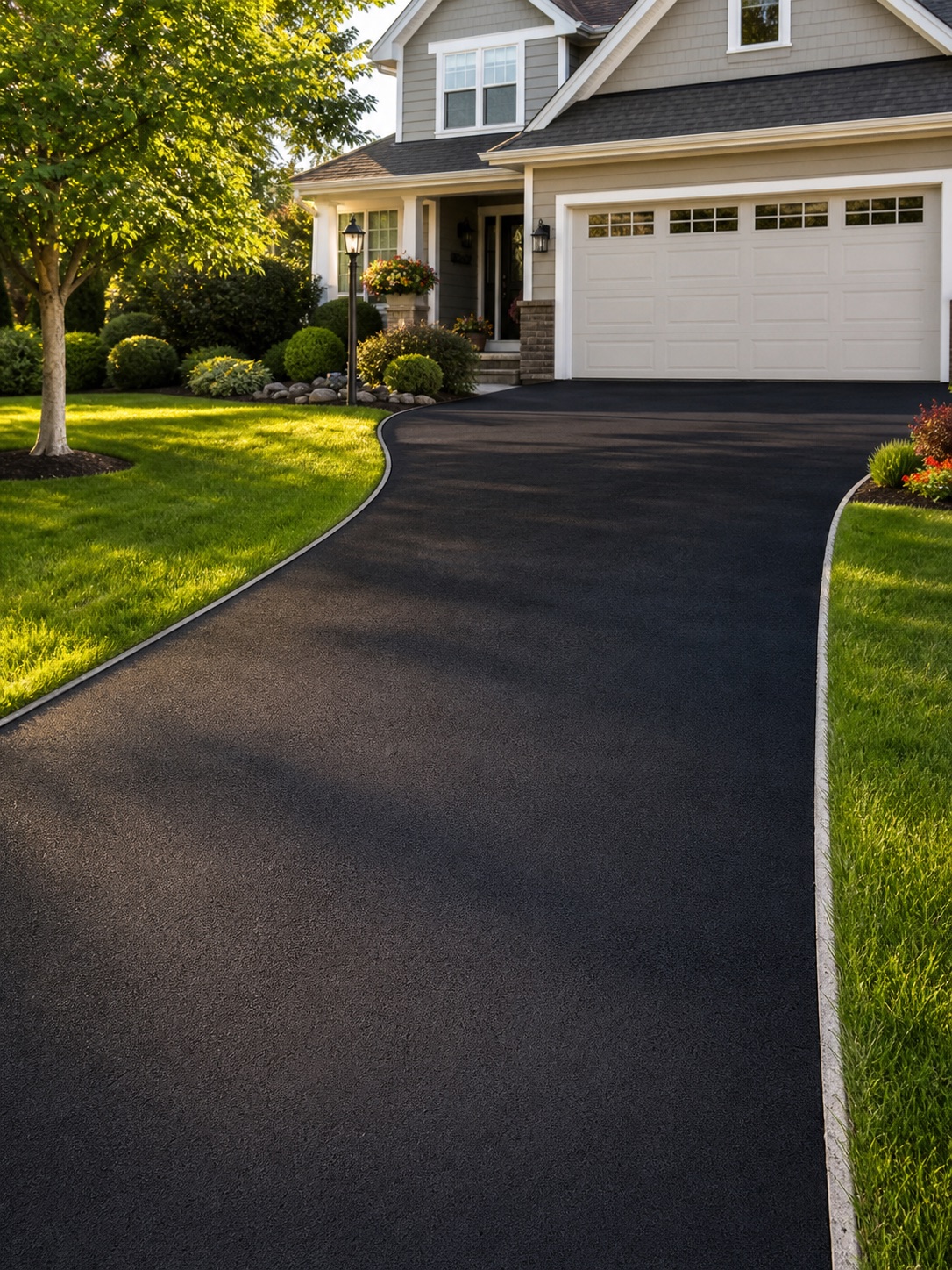 Freshly sealcoated dark asphalt driveway with clean lawn edges.
