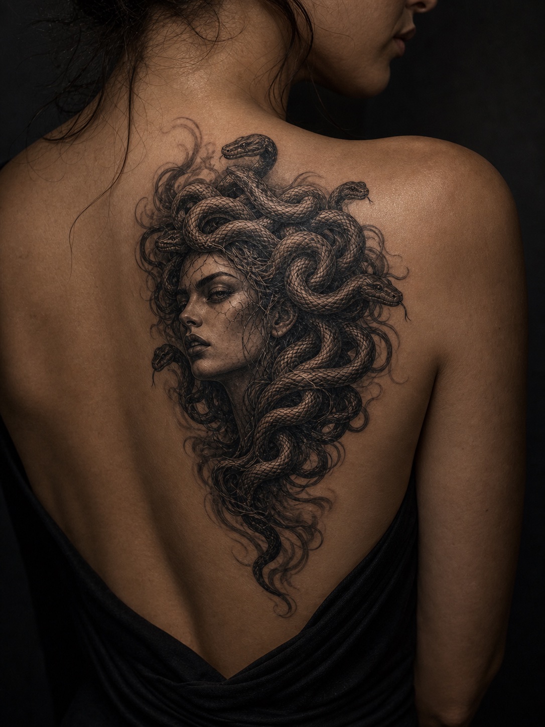 Shoulder blade Medusa tattoo with detailed artistic composition.