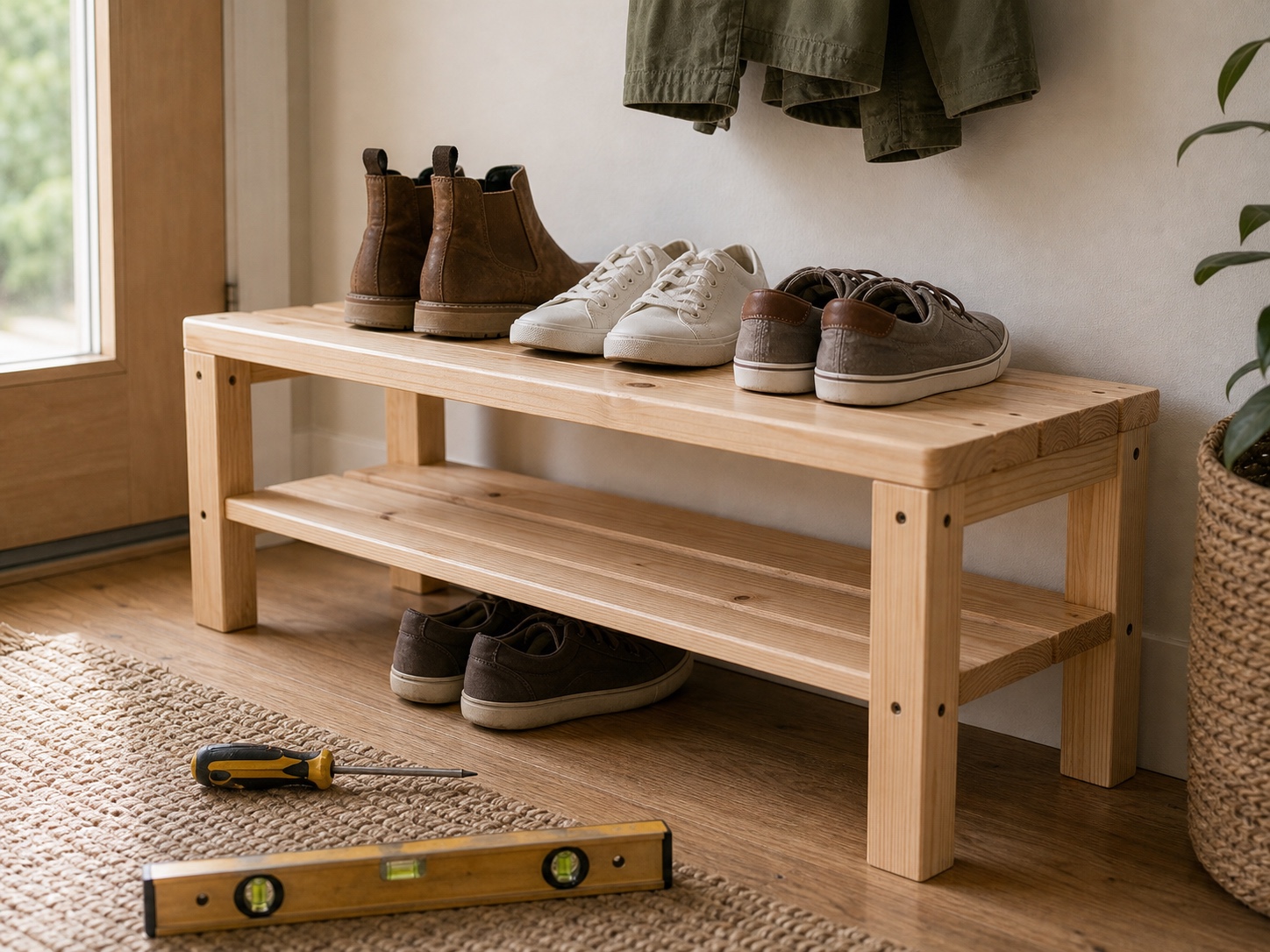 Simple two-shelf wooden shoe rack in an entryway