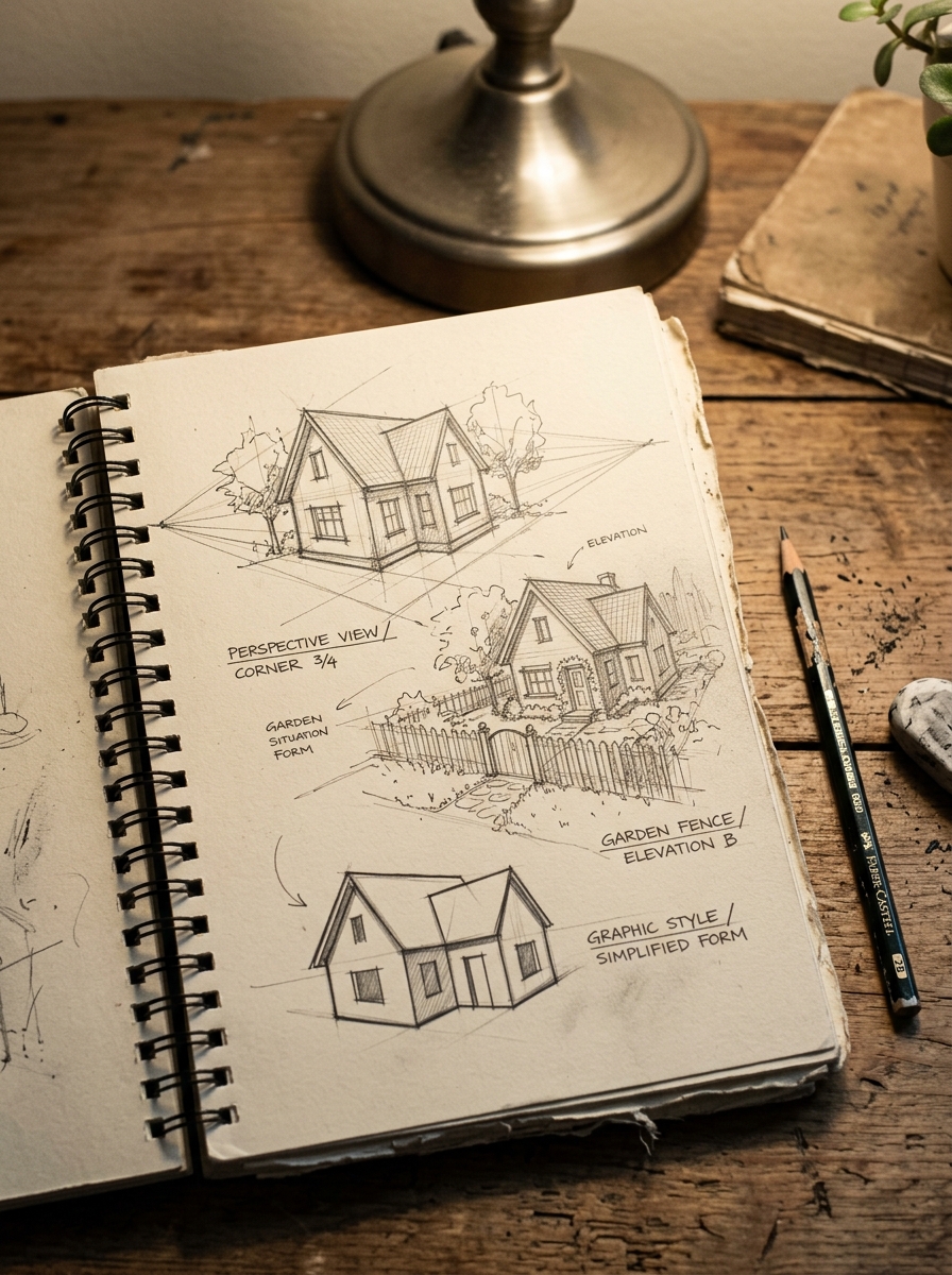 Sketchbook with pencil drawings of a house showing perspective views garden Architectural house sketches in spiral sketchbook on wooden desk with lamp and pencil | Sky Rye Design Sketchbook with pencil drawings of a house showing perspective views garden