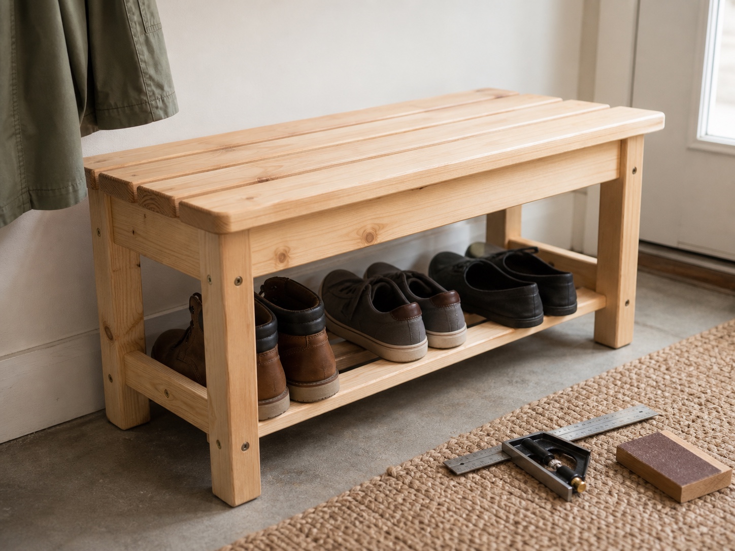 Slatted wooden entryway bench with shoes underneath