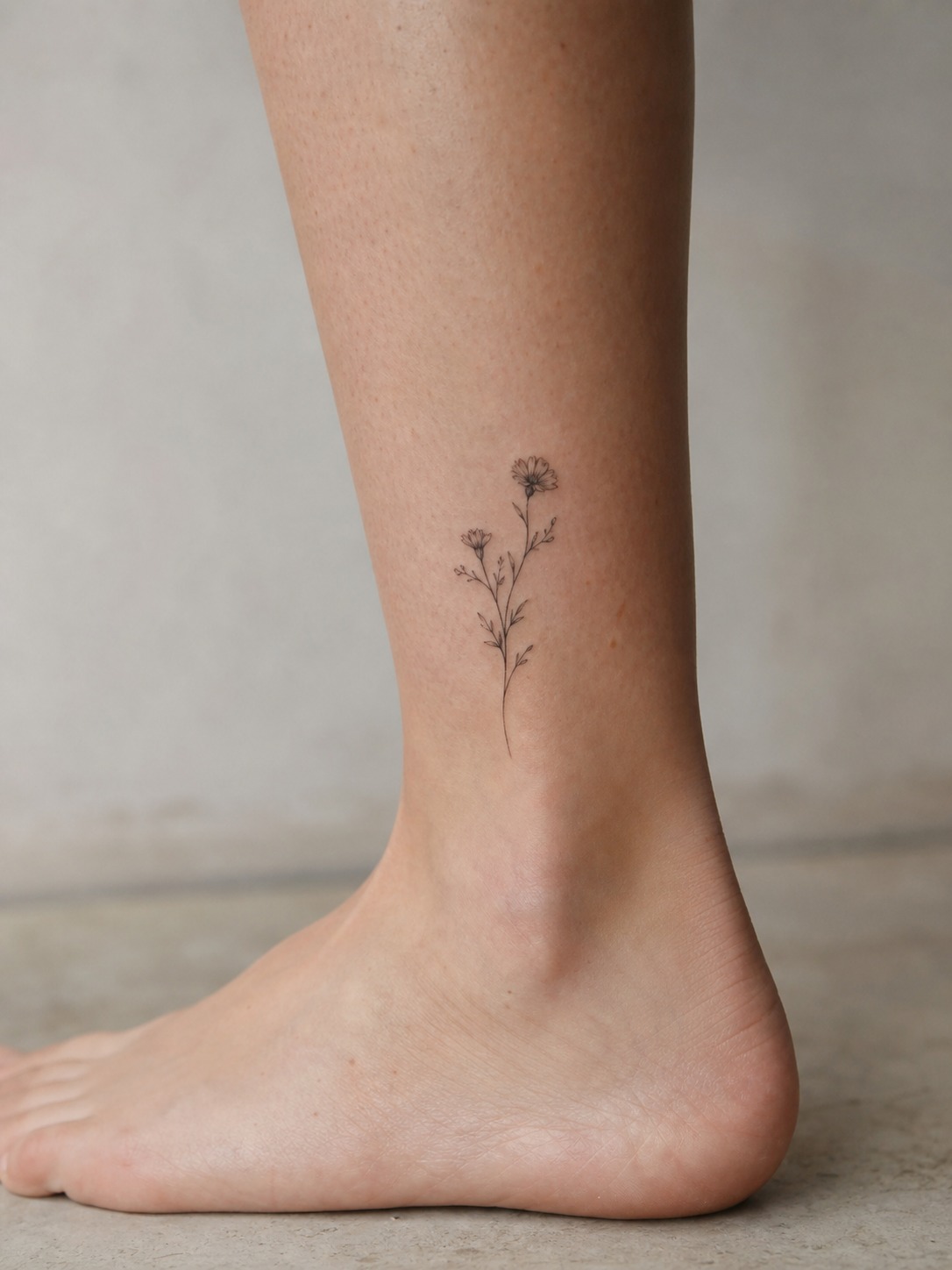 Delicate ankle tattoo of small wildflowers along the inner ankle above the heel.