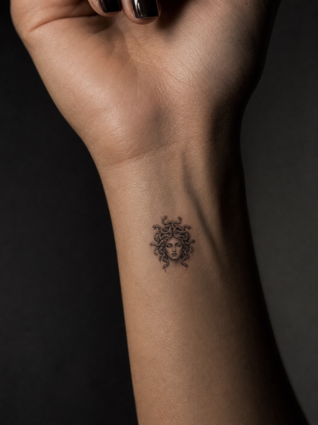 Small minimalist Medusa wrist tattoo for subtle placement inspiration.