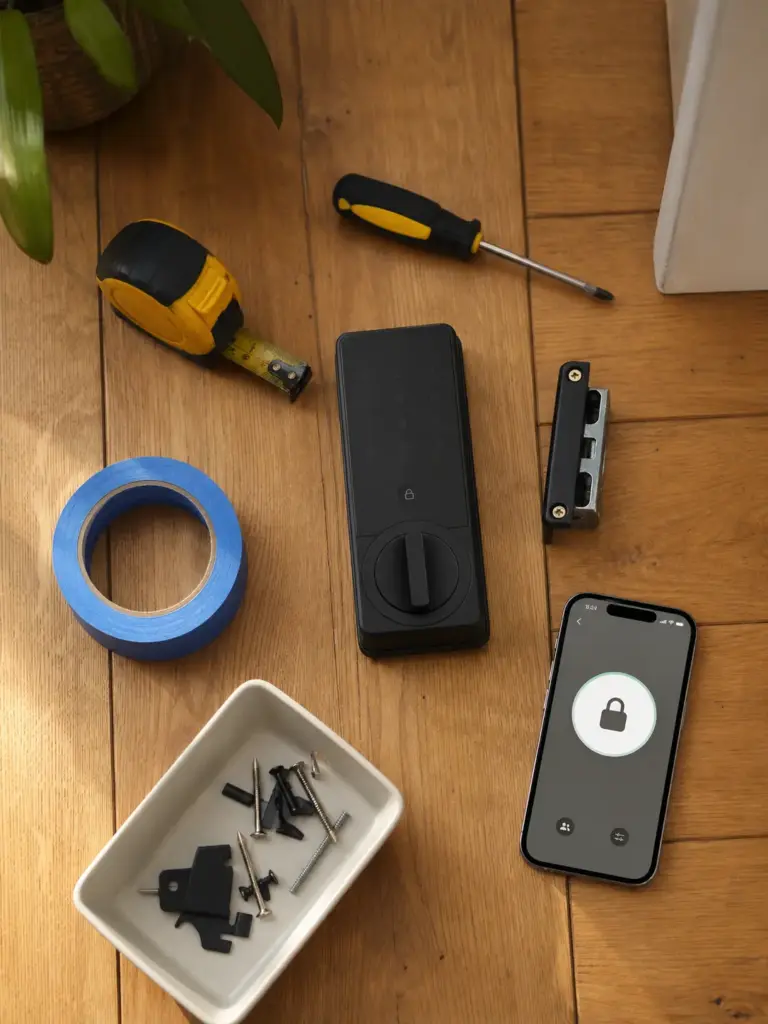 Smart door lock, smartphone showing locked status, screwdriver, tape measure, screws and blue painter's tape on wood floor
