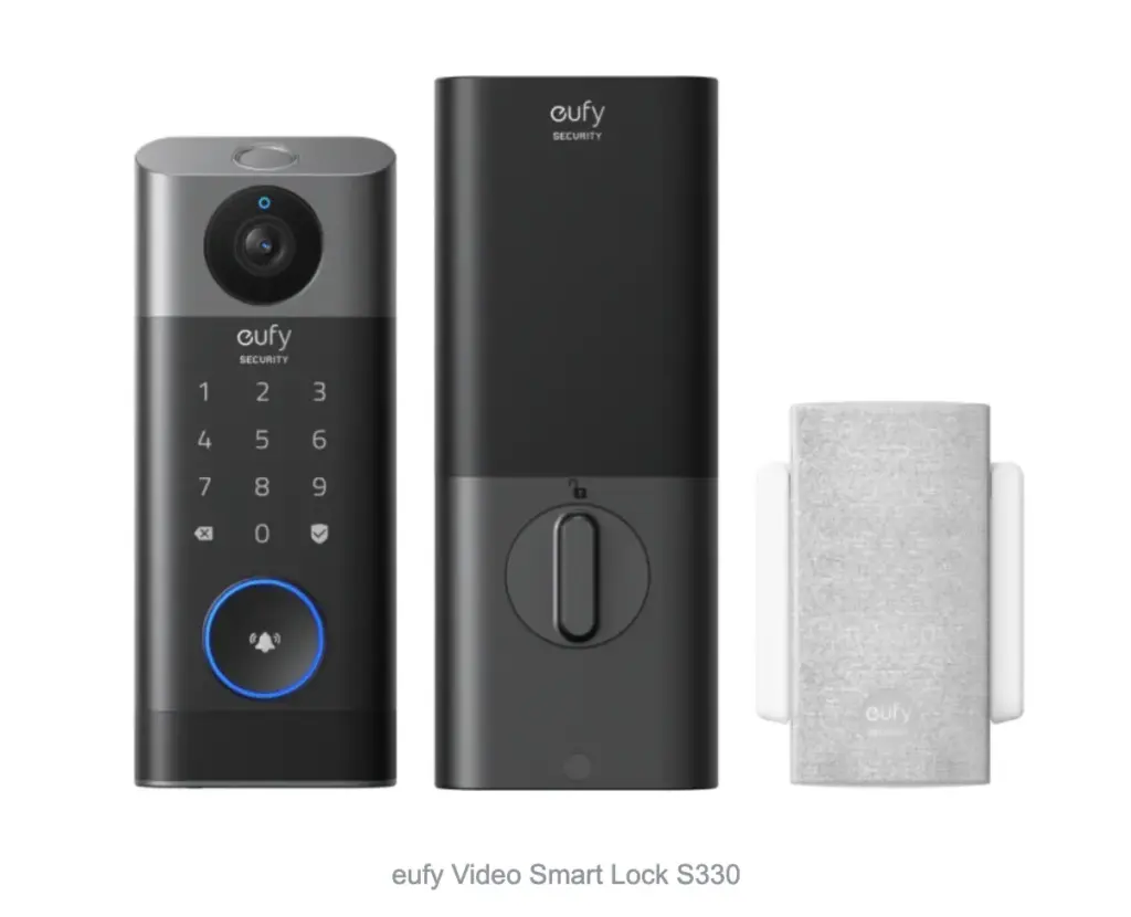 Eufy Video Smart Lock S330 kit: exterior video doorbell with keypad, interior smart deadbolt module and chime sensor