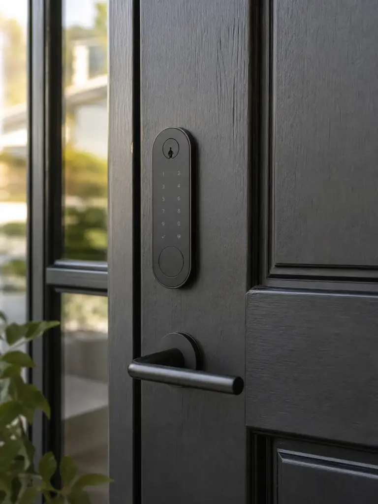 Matte black smart lock keypad deadbolt with lever handle on modern black front door