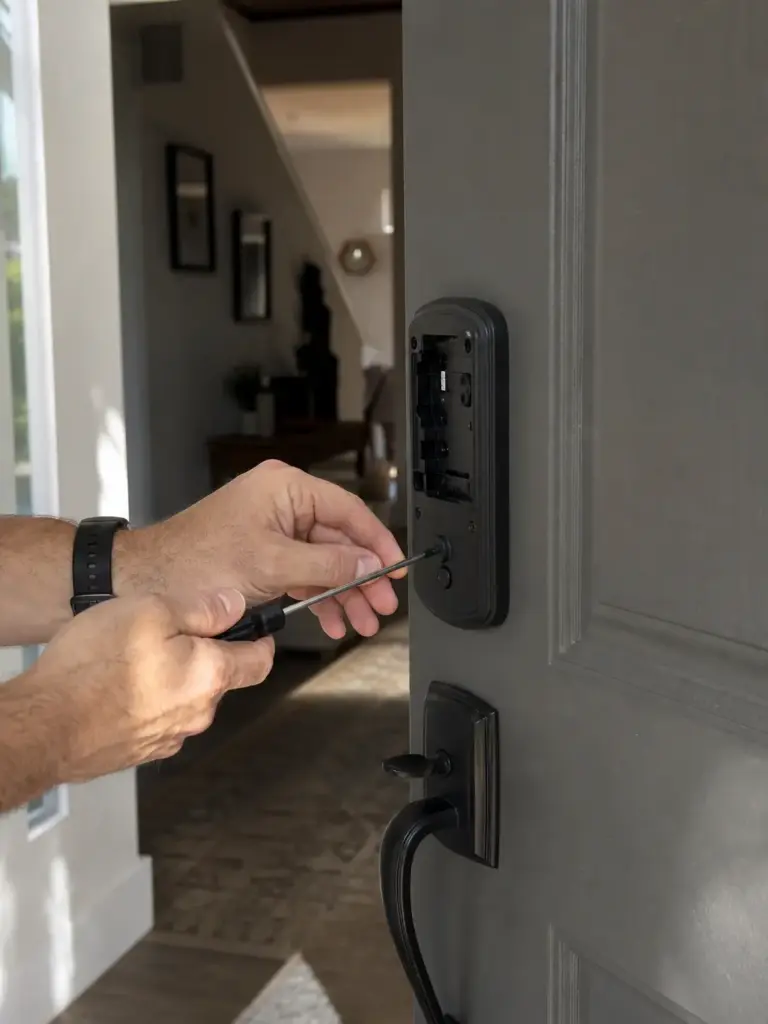DIY installing smart door lock keypad with screwdriver on gray front door, close-up of hands and hardware