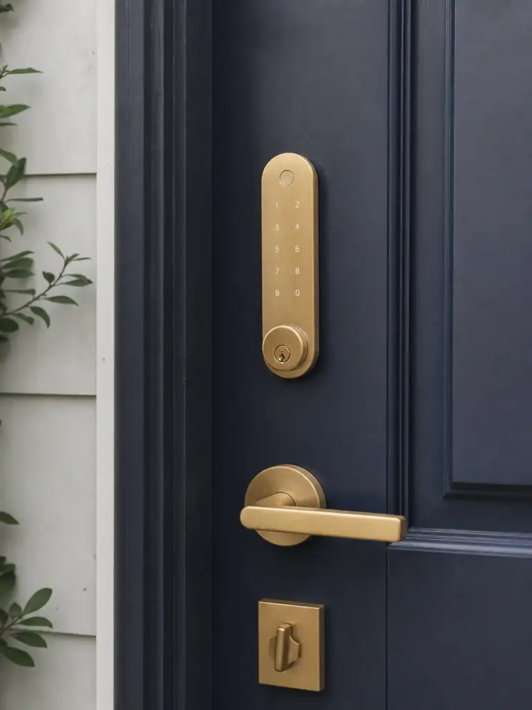 Matte navy front door with brass smart keypad deadbolt and matching brass lever handle, exterior entryway
