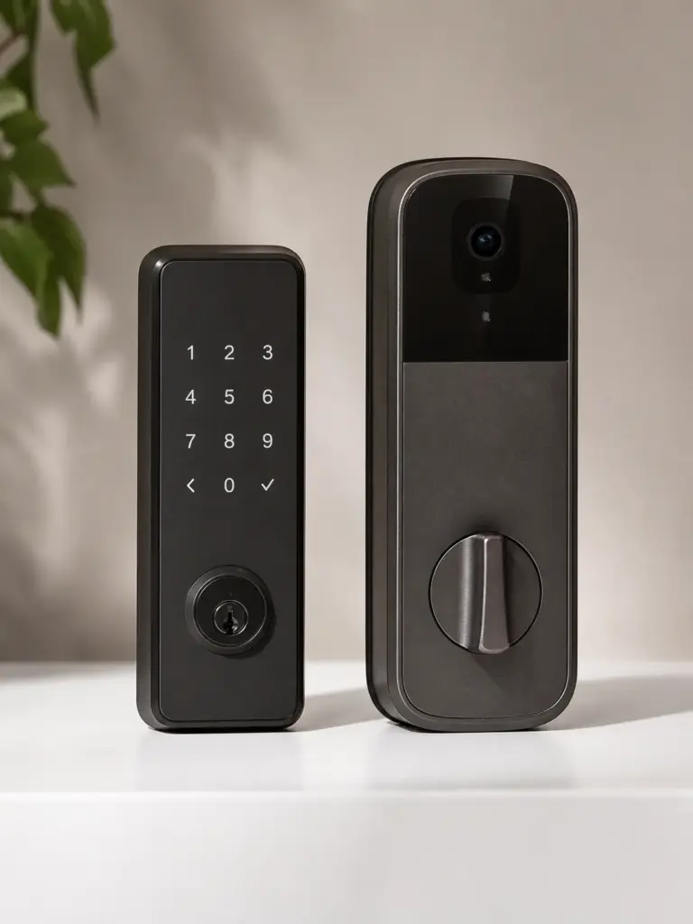 Matte black smart door lock with camera, touchscreen keypad, keyed cylinder and interior thumbturn deadbolt