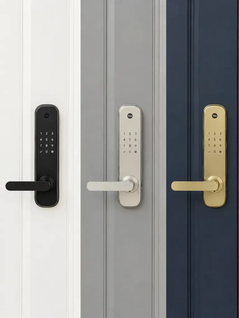 Yale smart door locks in matte black, satin nickel and brass with numeric keypads on white, gray and navy doors