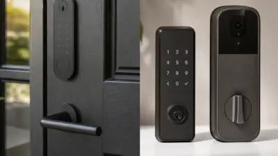 Matte black smart door lock set with touchscreen keypad and camera-equipped deadbolt, modern front door hardware