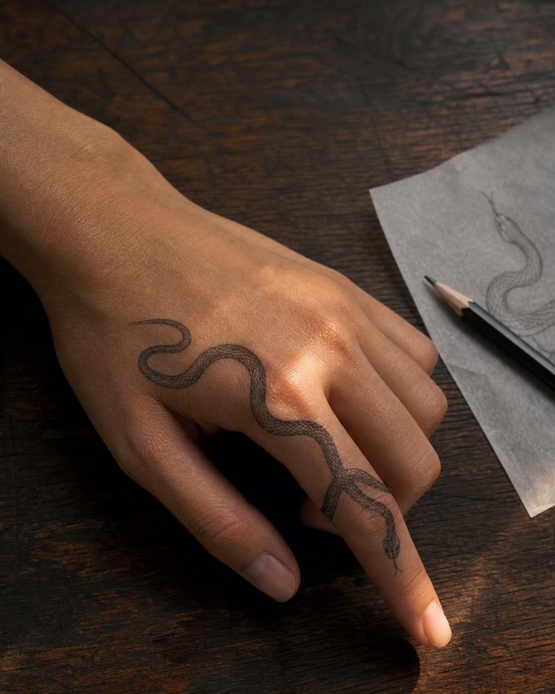 Snake finger hand tattoo Small snake tattoo wrapping from the hand onto the index finger | Sky Rye Design Small snake tattoo wrapping from the hand onto the index finger