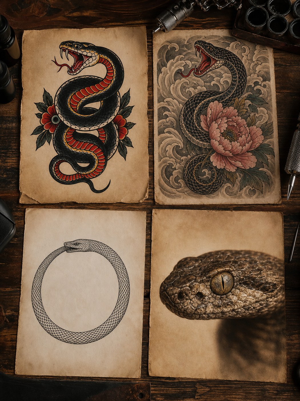 Tattoo flash sheets showing traditional, Japanese, minimalist, and realistic snake tattoo styles.
