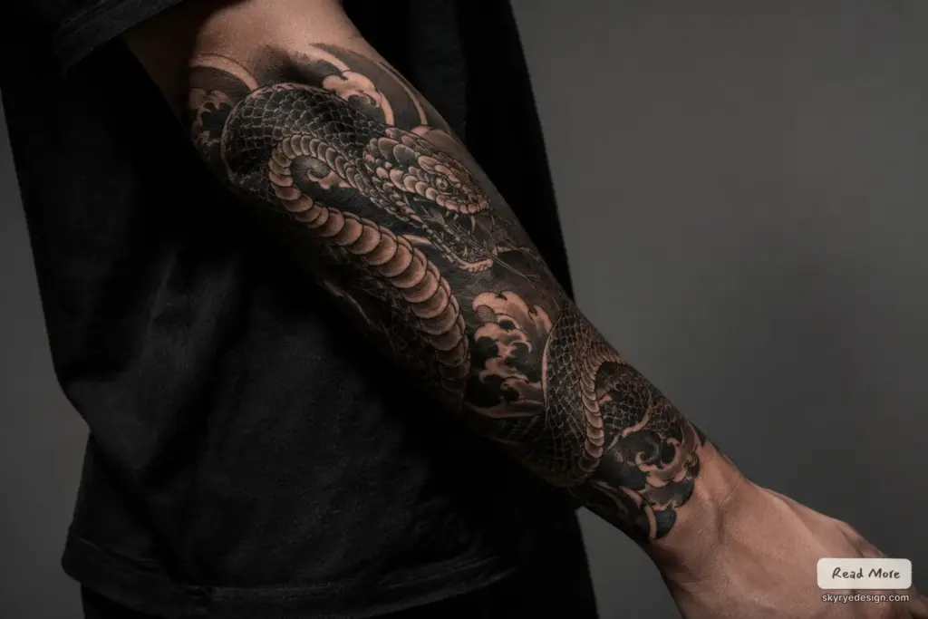 Black and grey snake sleeve tattoo on forearm with Japanese wave motifs, detailed scales and shading