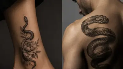 Realistic blackwork snake tattoos: peony-entwined ankle snake and large coiled back/shoulder snake