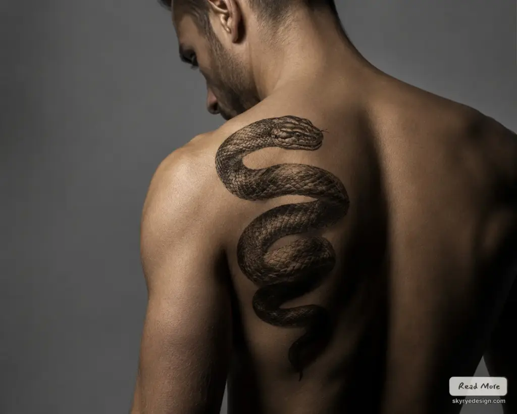 Snake tattoo on man's back: realistic coiled black snake with detailed scales along shoulder and spine