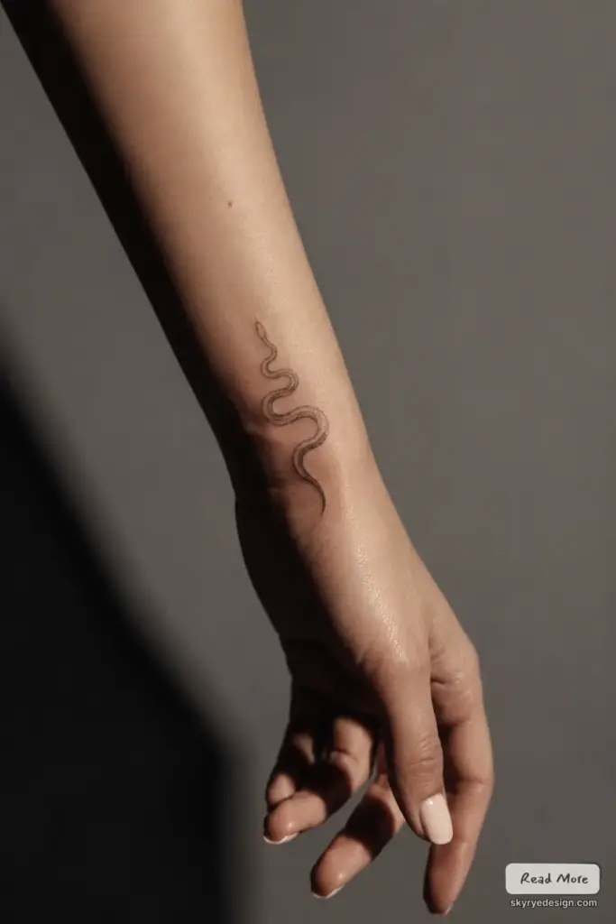 Minimalist fine-line snake tattoo on inner forearm, hand with neutral nails against gray background