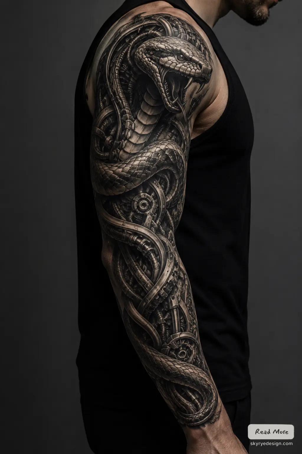 Biomechanical snake sleeve tattoo on male arm, realistic black-and-gray full-arm ink with intricate mechanical details