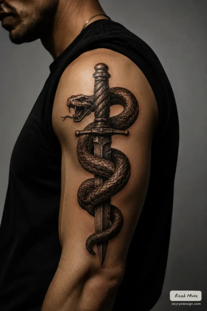 Realistic black-and-gray snake coiled around a dagger tattoo on a person's upper arm, detailed scales
