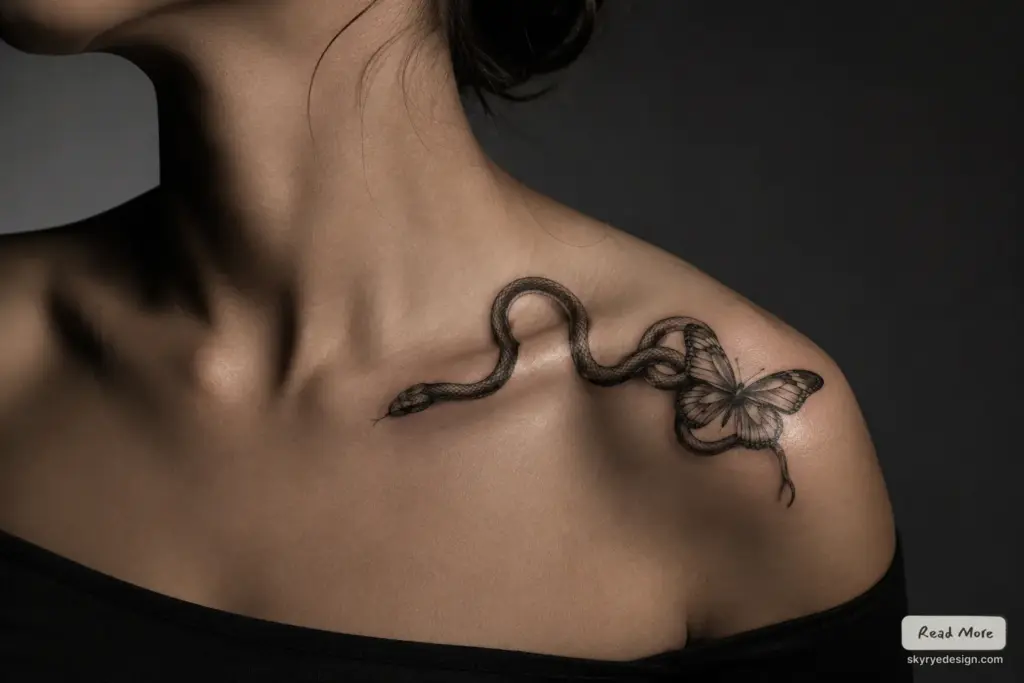 Black and grey shoulder tattoo of a snake transforming into a butterfly on woman's collarbone
