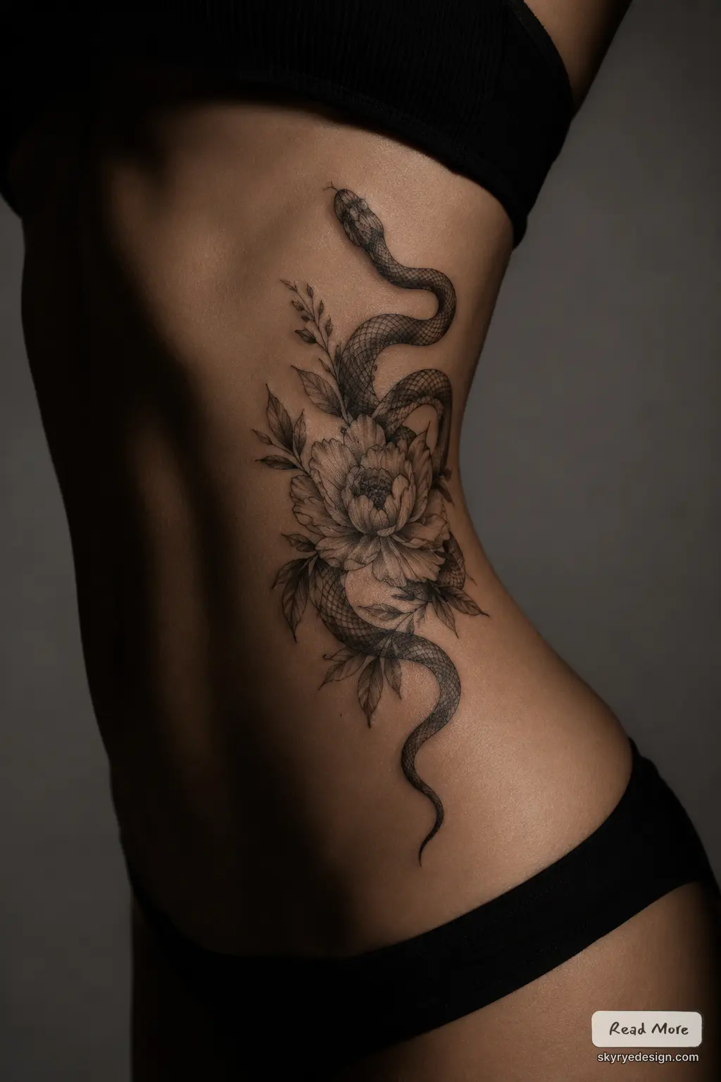 Snake and peony rib tattoo - black and gray fine-line floral design on woman's side torso