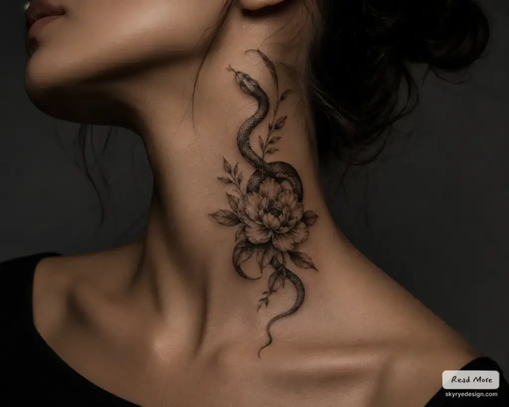 Close-up of black-and-gray snake and peony neck tattoo on woman's side — intricate floral serpent design