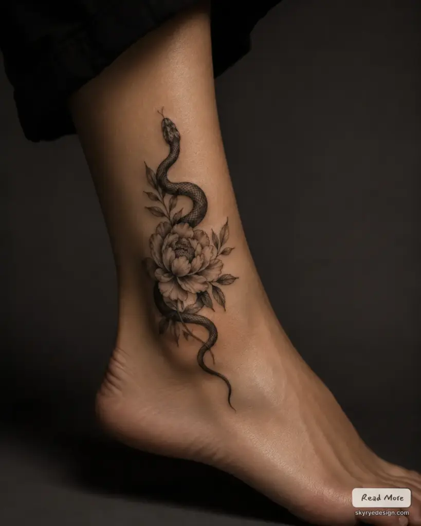 Black and gray snake entwined with peony ankle tattoo on foot - fine-line floral snake tattoo design