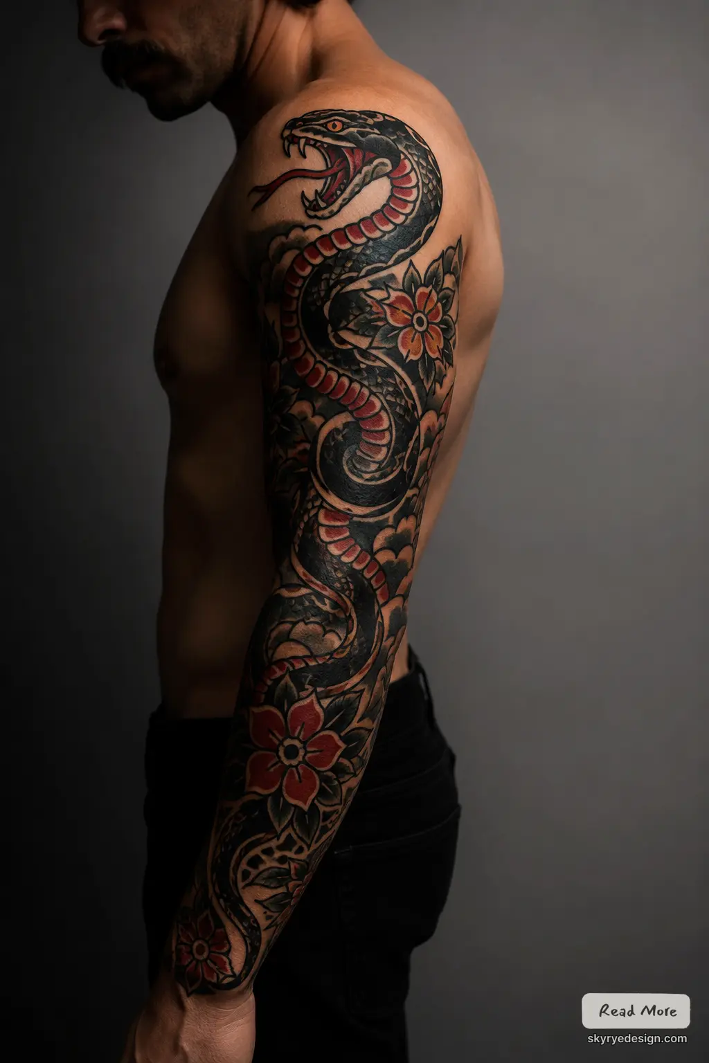 Snake sleeve tattoo, traditional Japanese style in black and red with floral motifs on a man's arm and shoulder