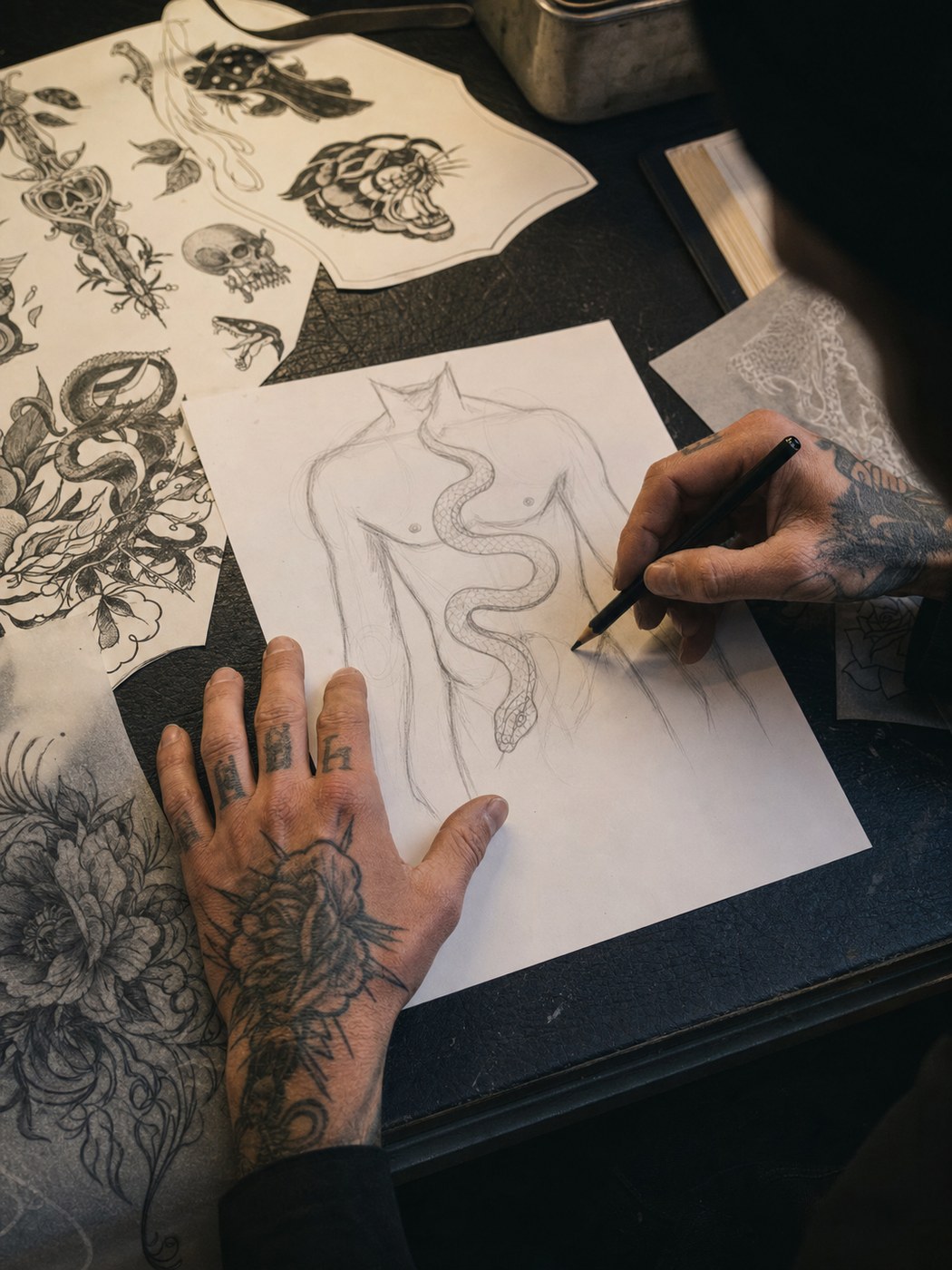 Tattoo artist sketching snake tattoo placement on an anatomy reference sheet.