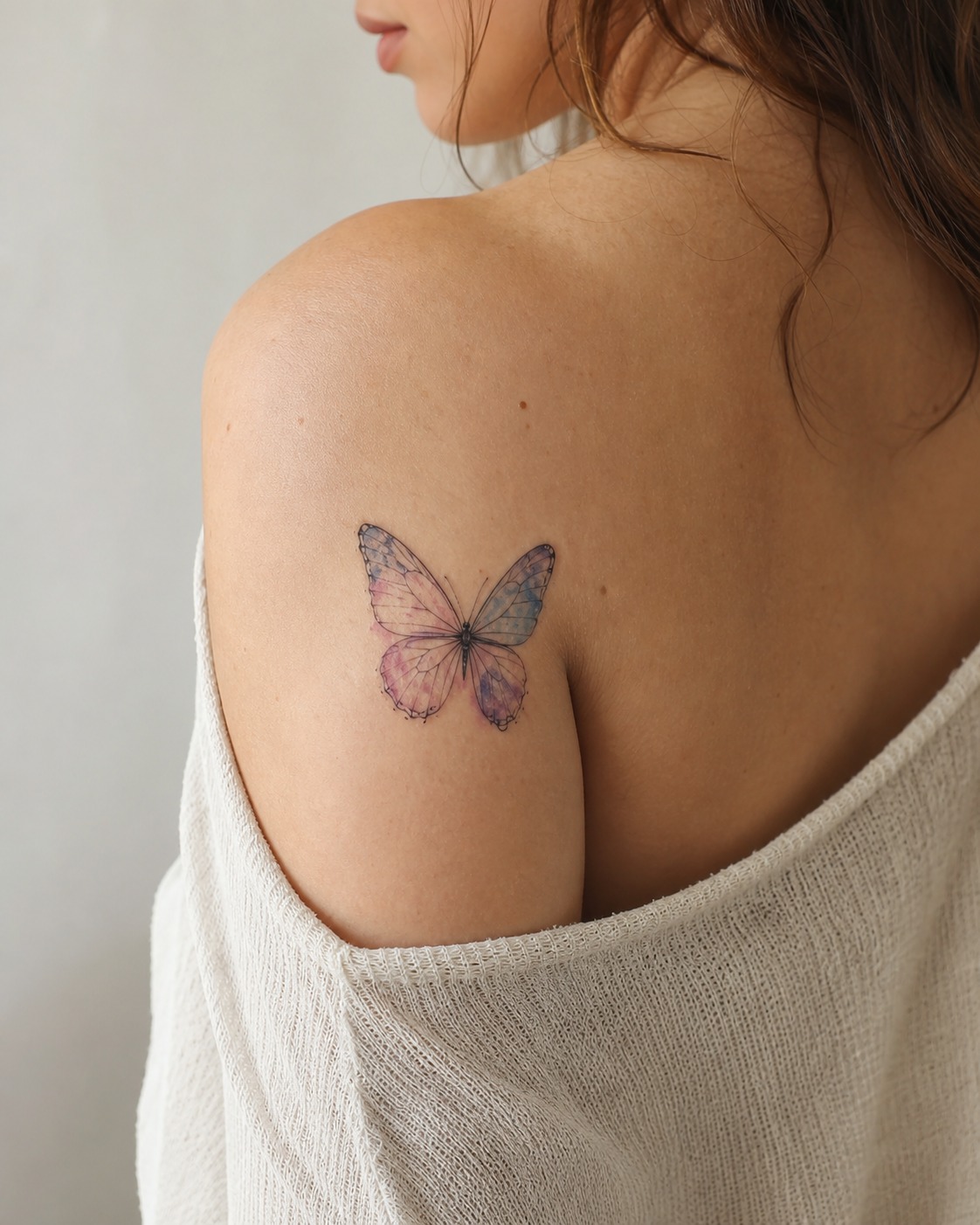 Soft watercolor butterfly shoulder tattoo Soft watercolor butterfly tattoo on the shoulder with pale blue, lavender, and blush tones. | Sky Rye Design Soft watercolor butterfly tattoo on the shoulder with pale blue, lavender, and blush tones.