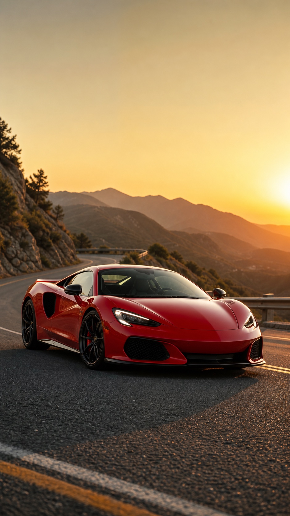 Red sports car iPhone wallpaper on a mountain road at golden hour.