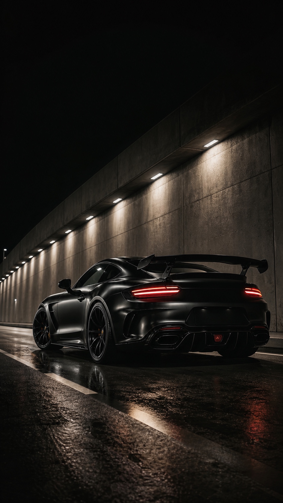 Black sports car iPhone wallpaper in a modern concrete tunnel at night.
