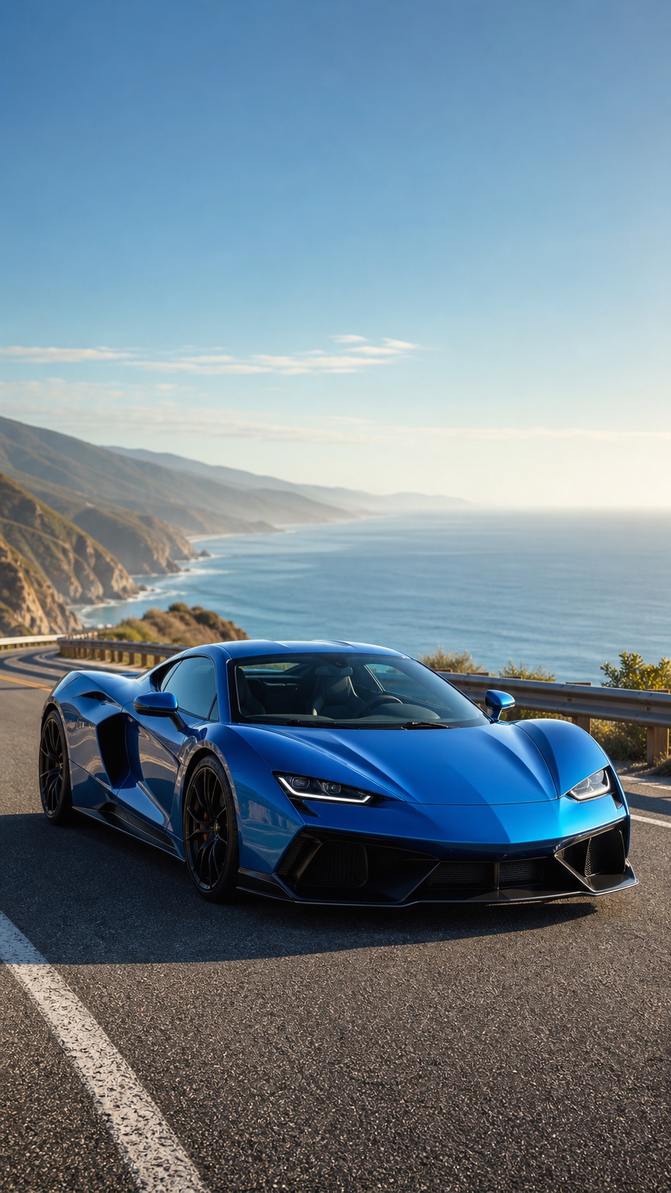 Blue sports car iPhone wallpaper on a coastal highway with ocean view.