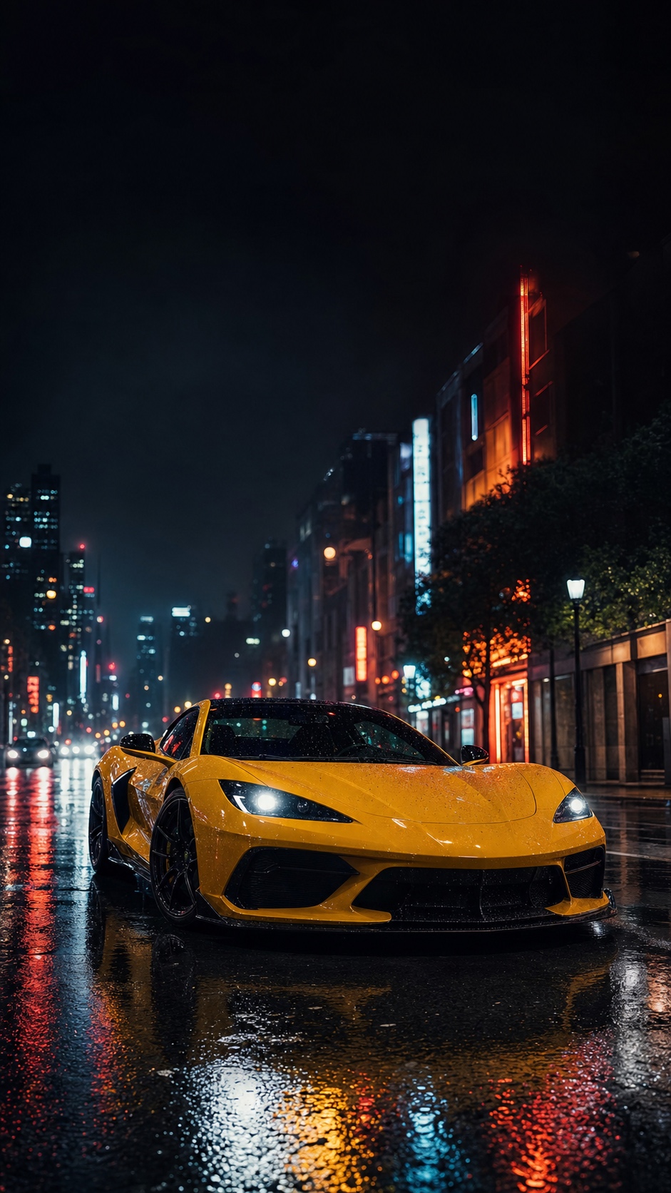 Yellow sports car iPhone wallpaper on a wet neon city street.