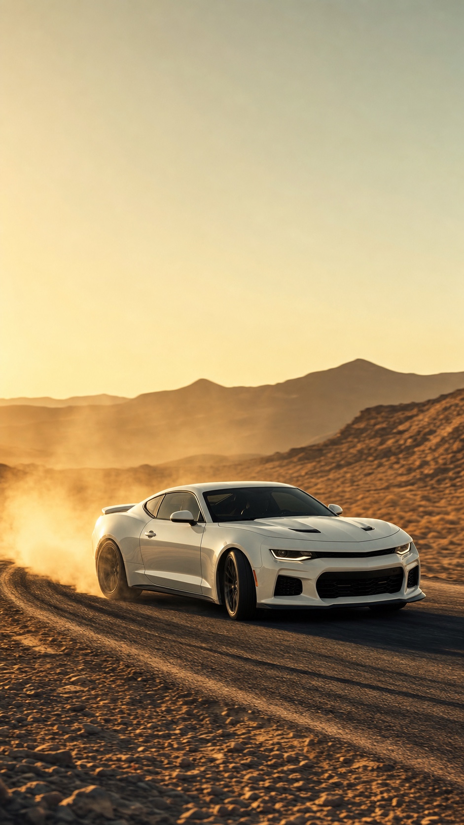 White sports car iPhone wallpaper on a desert road with warm sunset light.