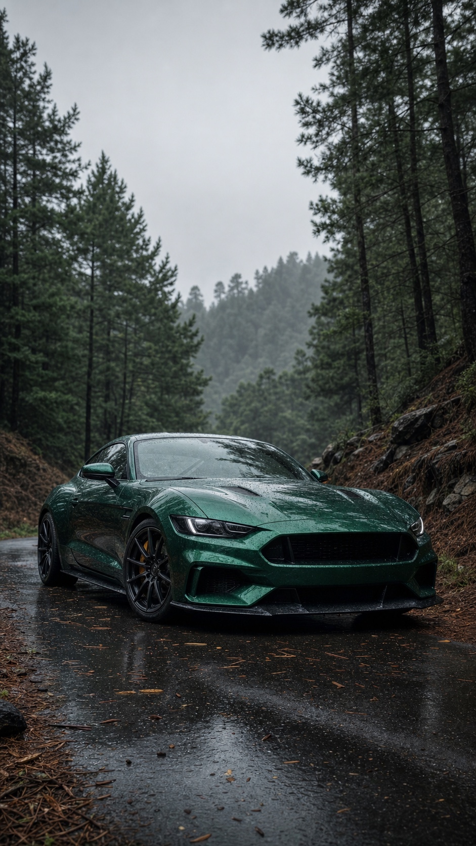 Green sports coupe iPhone wallpaper on a misty forest road after rain.