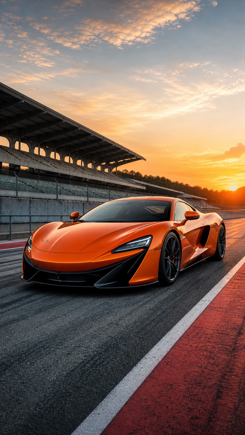 Orange sports car iPhone wallpaper on a race track pit lane at sunrise.