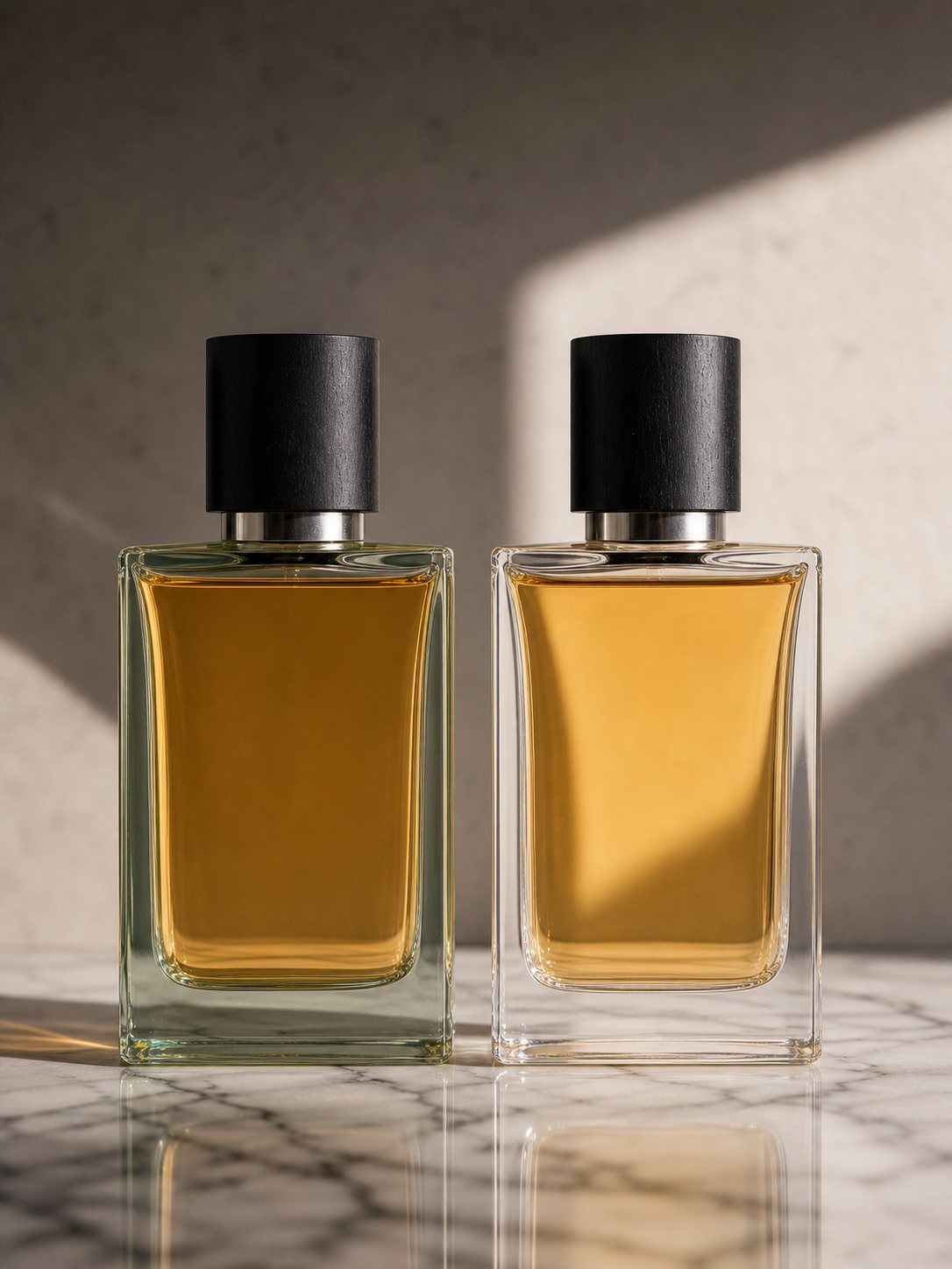 Two rectangular perfume bottles comparing slightly green standard glass with ultra-clear super flint glass.