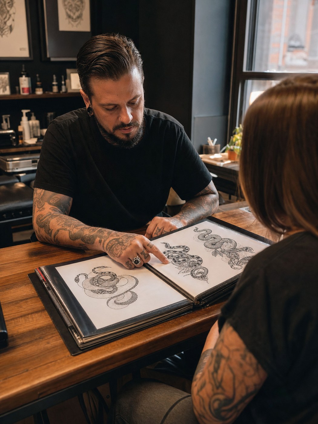 Tattoo artist consulting with a client over snake tattoo sketches in a studio.