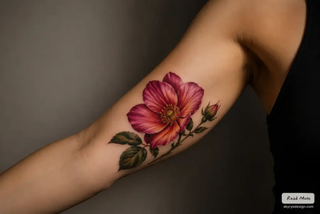 245b5a04-6200-4d73-9377-88297d6291cc Photorealistic pink flower tattoo on inner upper arm with green leaves and a closed bud | Sky Rye Design Photorealistic pink flower tattoo on inner upper arm with green leaves and a closed bud