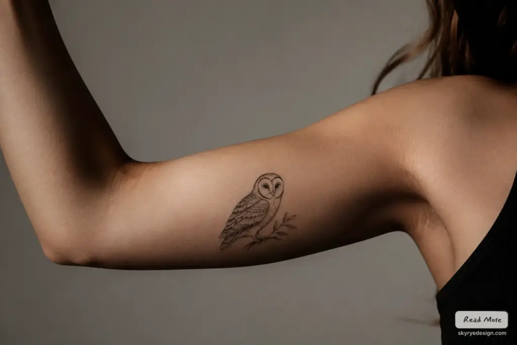 f356d834-38f4-45a5-adc1-6984520e8983 Minimal fine-line barn owl tattoo on inner upper arm (inner bicep), perched on a branch. | Sky Rye Design Minimal fine-line barn owl tattoo on inner upper arm (inner bicep), perched on a branch.