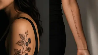 Black ink botanical blackberry shoulder tattoo and delicate cursive forearm quote on woman, minimalist tattoo style