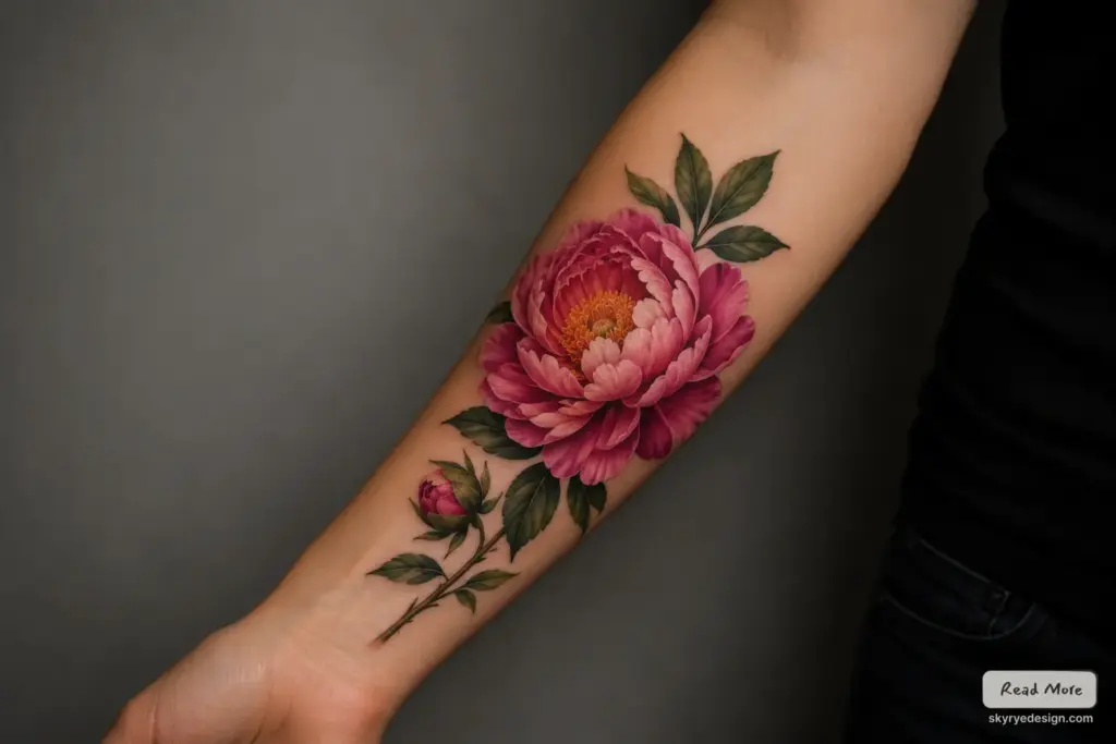 4fb35f8a-0174-4682-be8f-745c85d19490 Realistic pink peony floral tattoo on inner forearm with green leaves and a bud | Sky Rye Design Realistic pink peony floral tattoo on inner forearm with green leaves and a bud