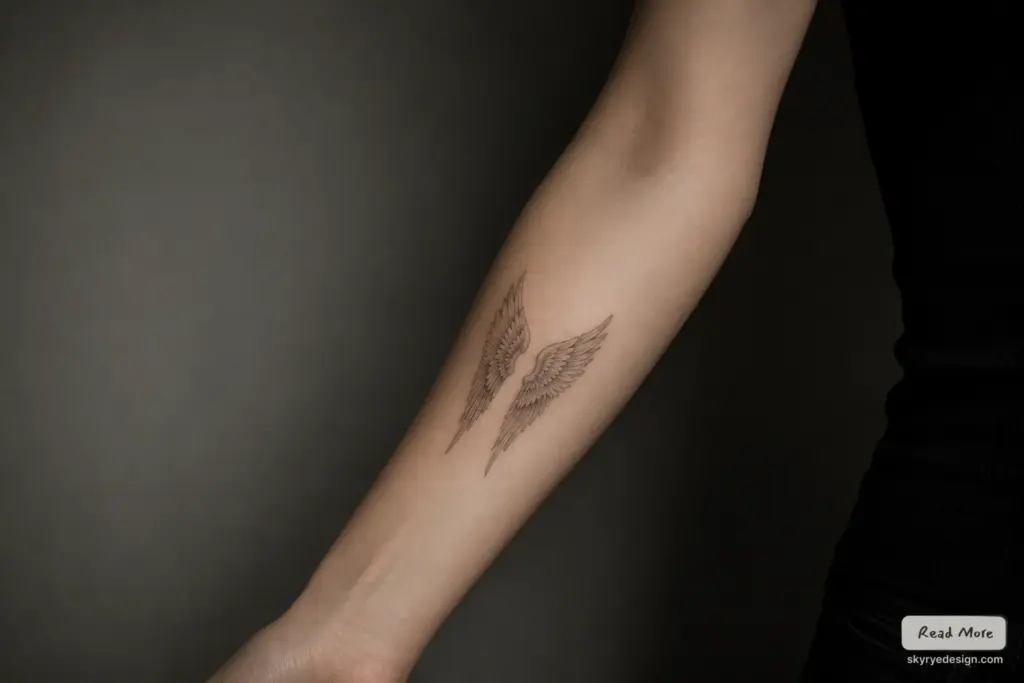 6b0b7f1a-3118-48a3-896d-2443cfe789ef Minimalist fine-line angel wings tattoo on inner forearm with delicate feather detail, forearm ink design | Sky Rye Design Minimalist fine-line angel wings tattoo on inner forearm with delicate feather detail, forearm ink design