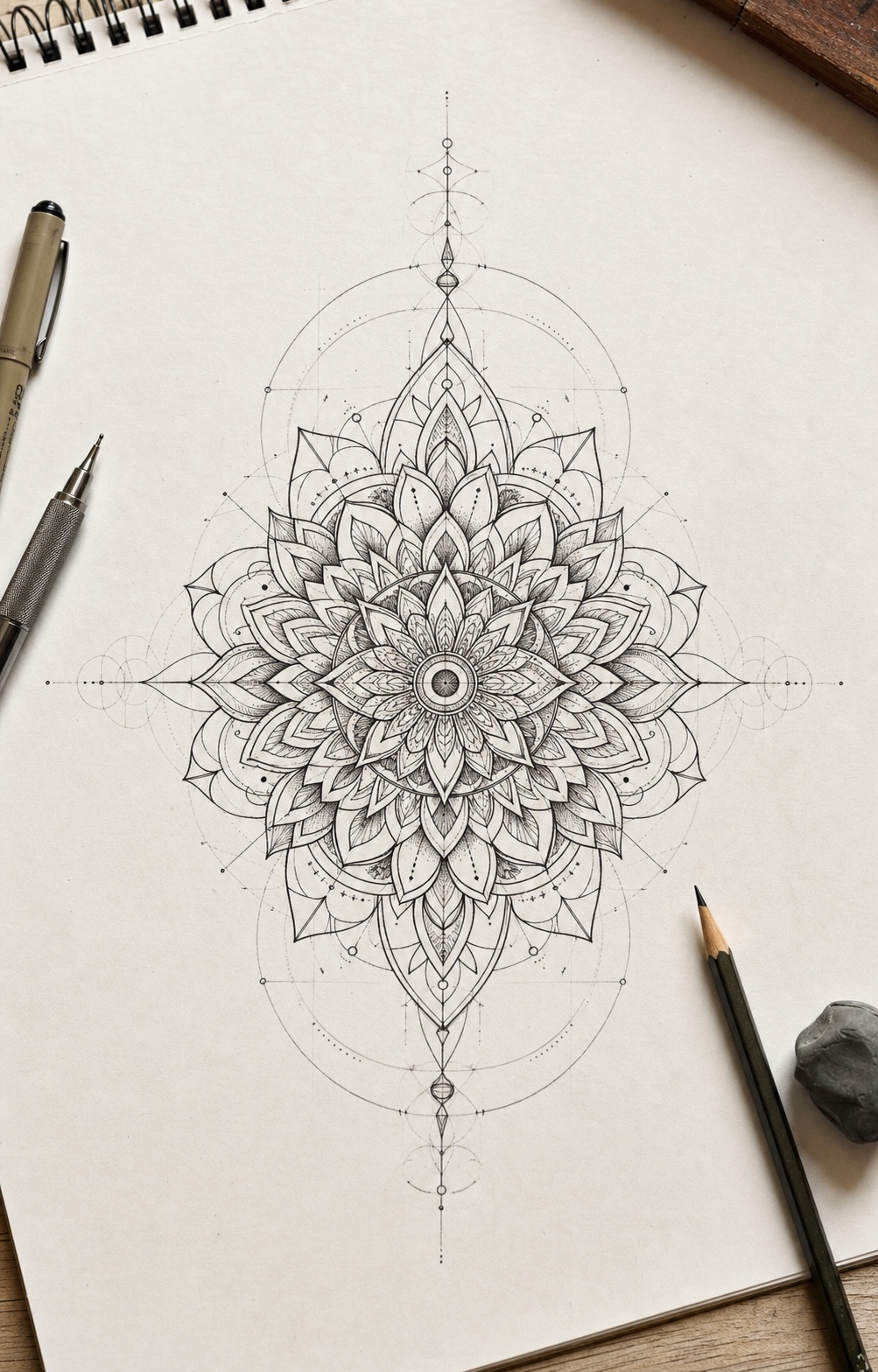 Geometric mandala tattoo drawing reference with black ink symmetry on sketchbook paper.
