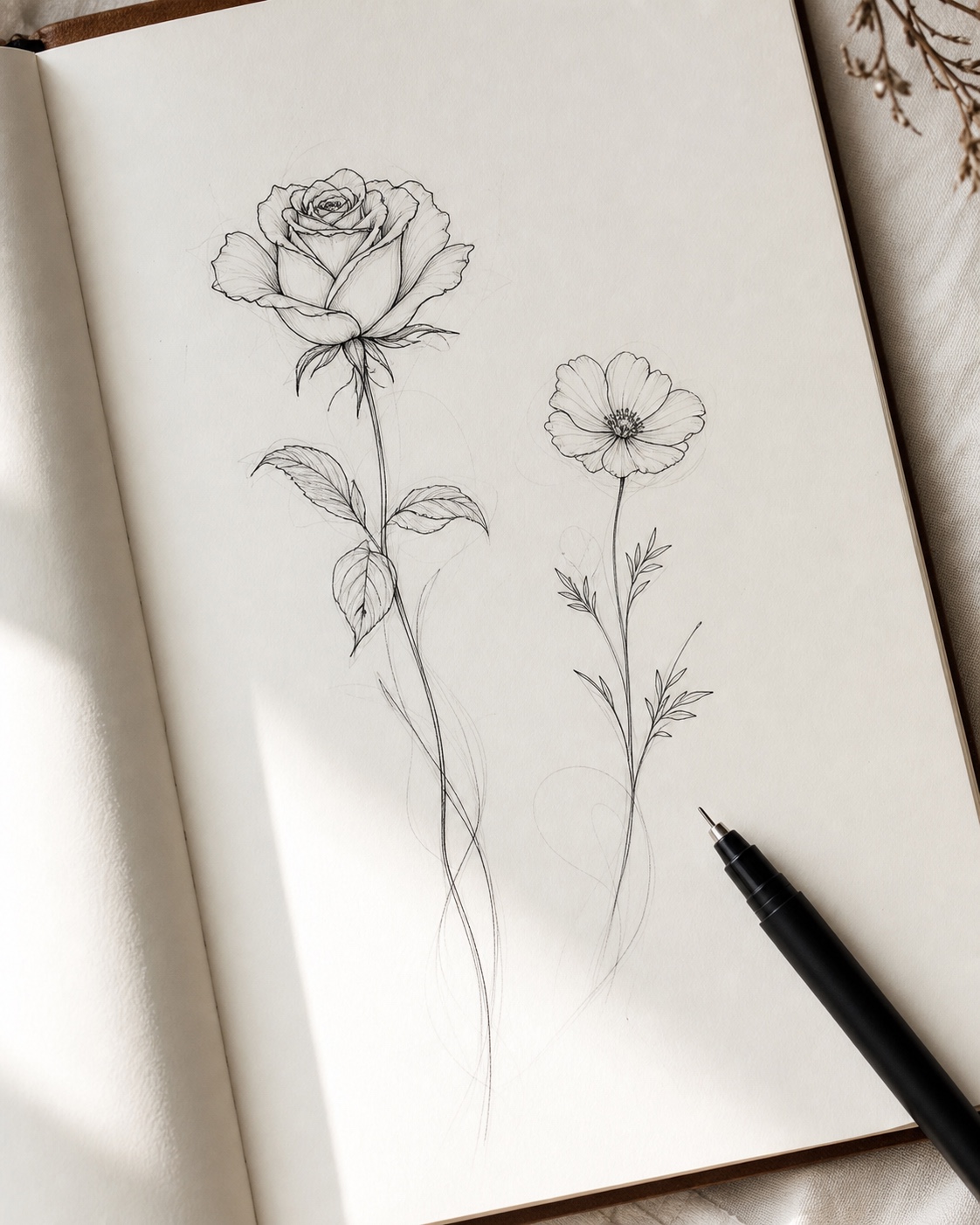 Minimalist line art flower tattoo drawing reference with rose and wildflower sketches.