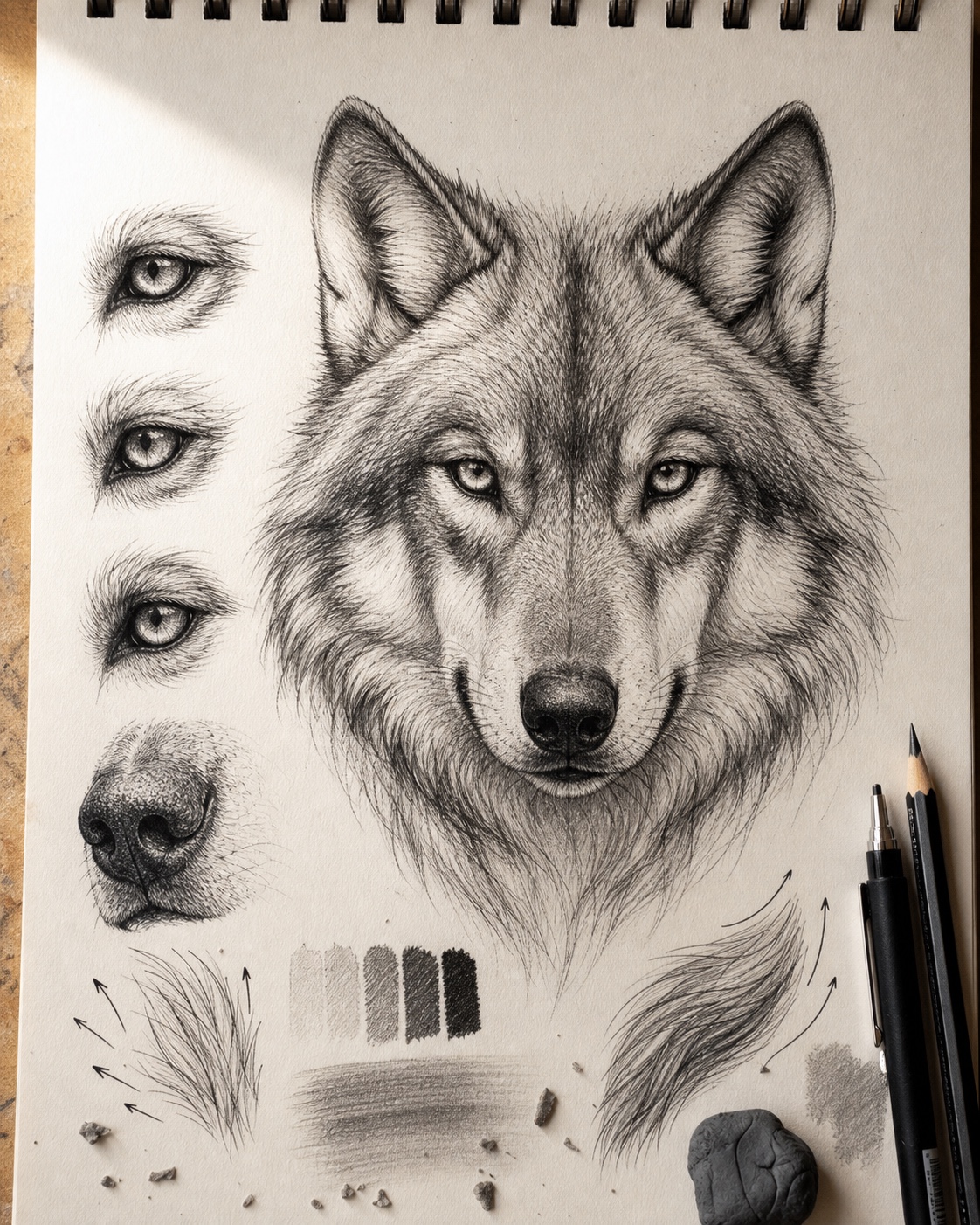Realistic wolf portrait tattoo drawing reference with fur texture and eye studies.